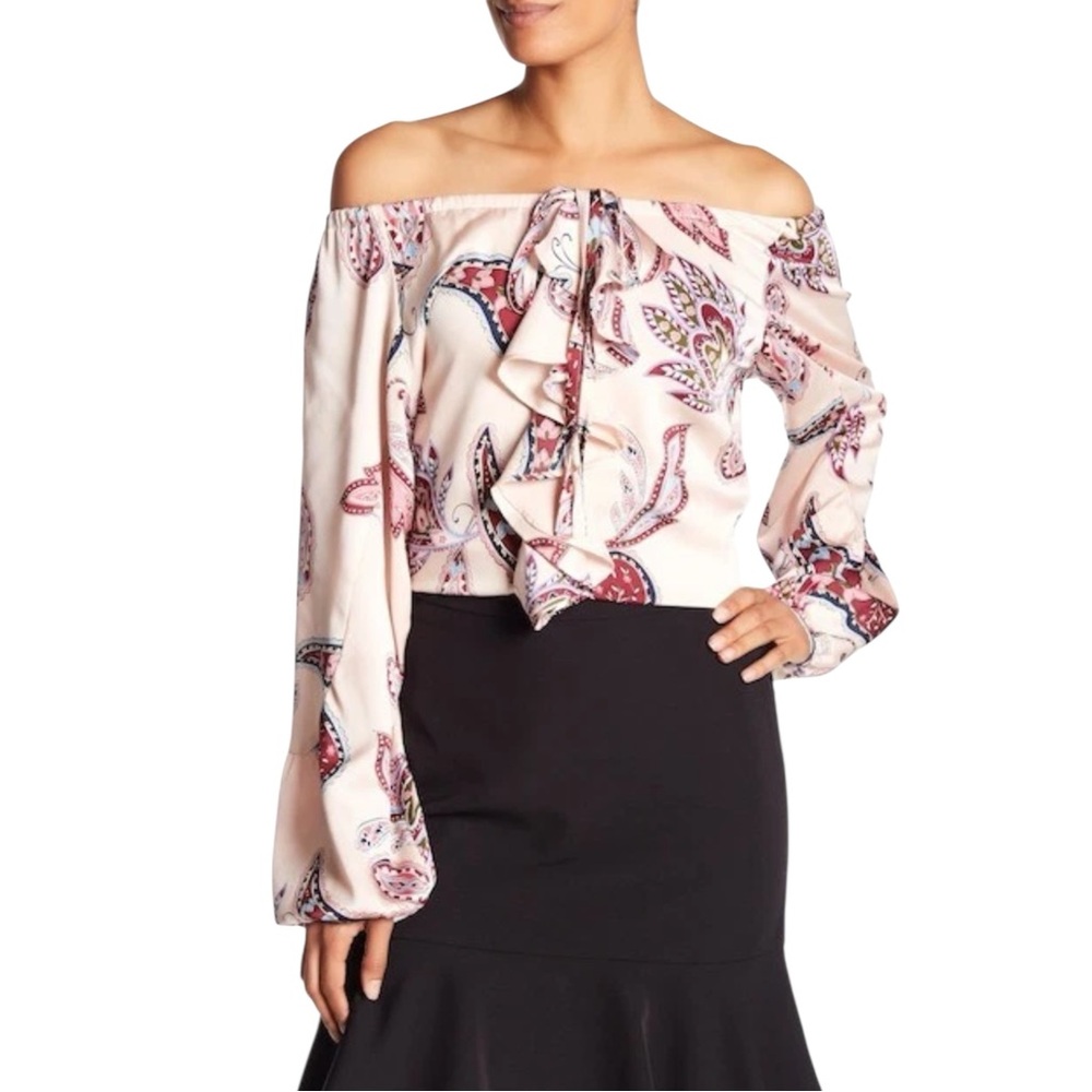 NWT Nanette Lepore Womens Pink Floral Paisley Blouse Ruffle Off Shoulder Top XS